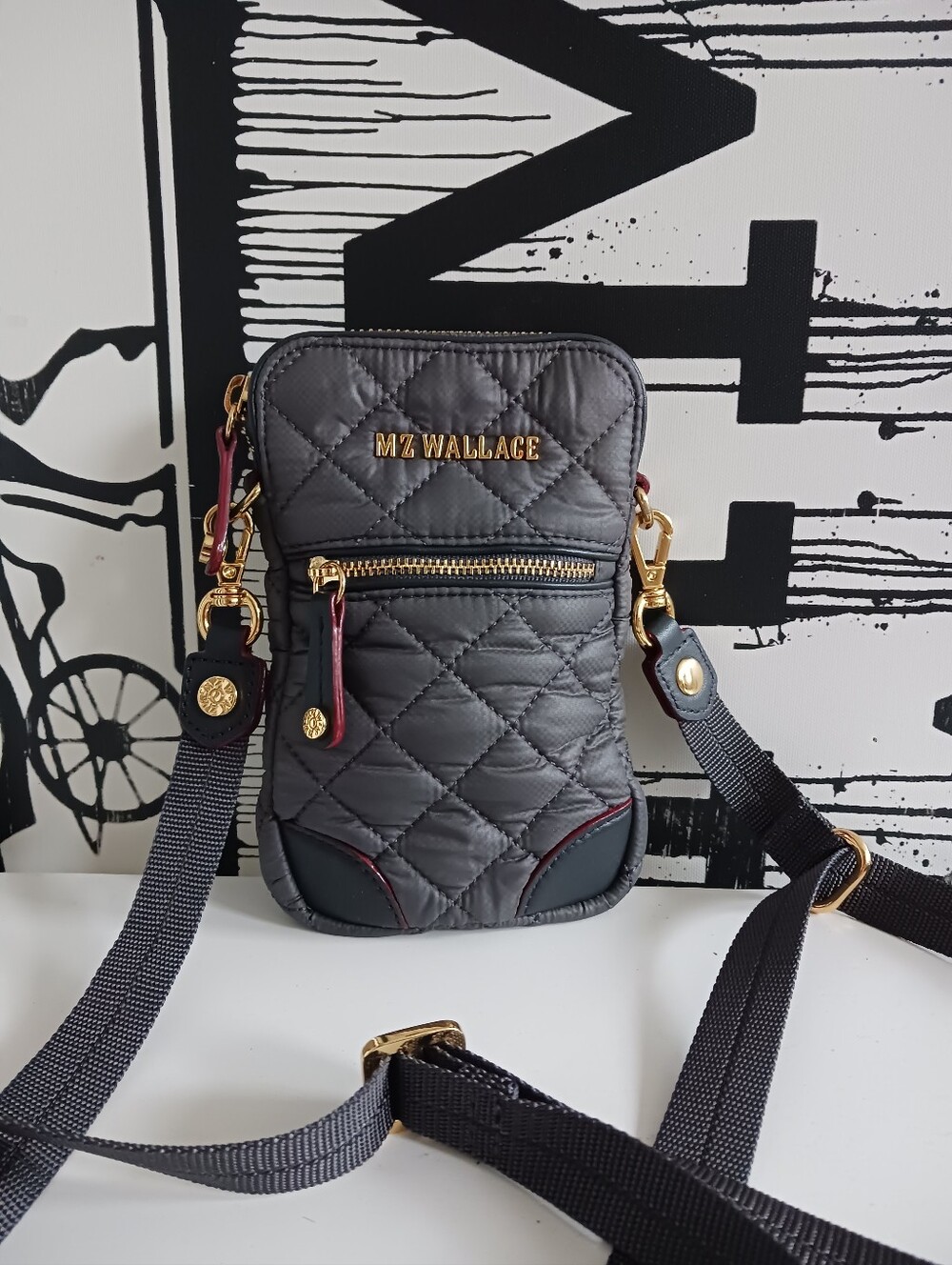 MZ Wallace Metro Micro Quilted Crossbody Phone Bag in Charcoal ,Burgundy Trim